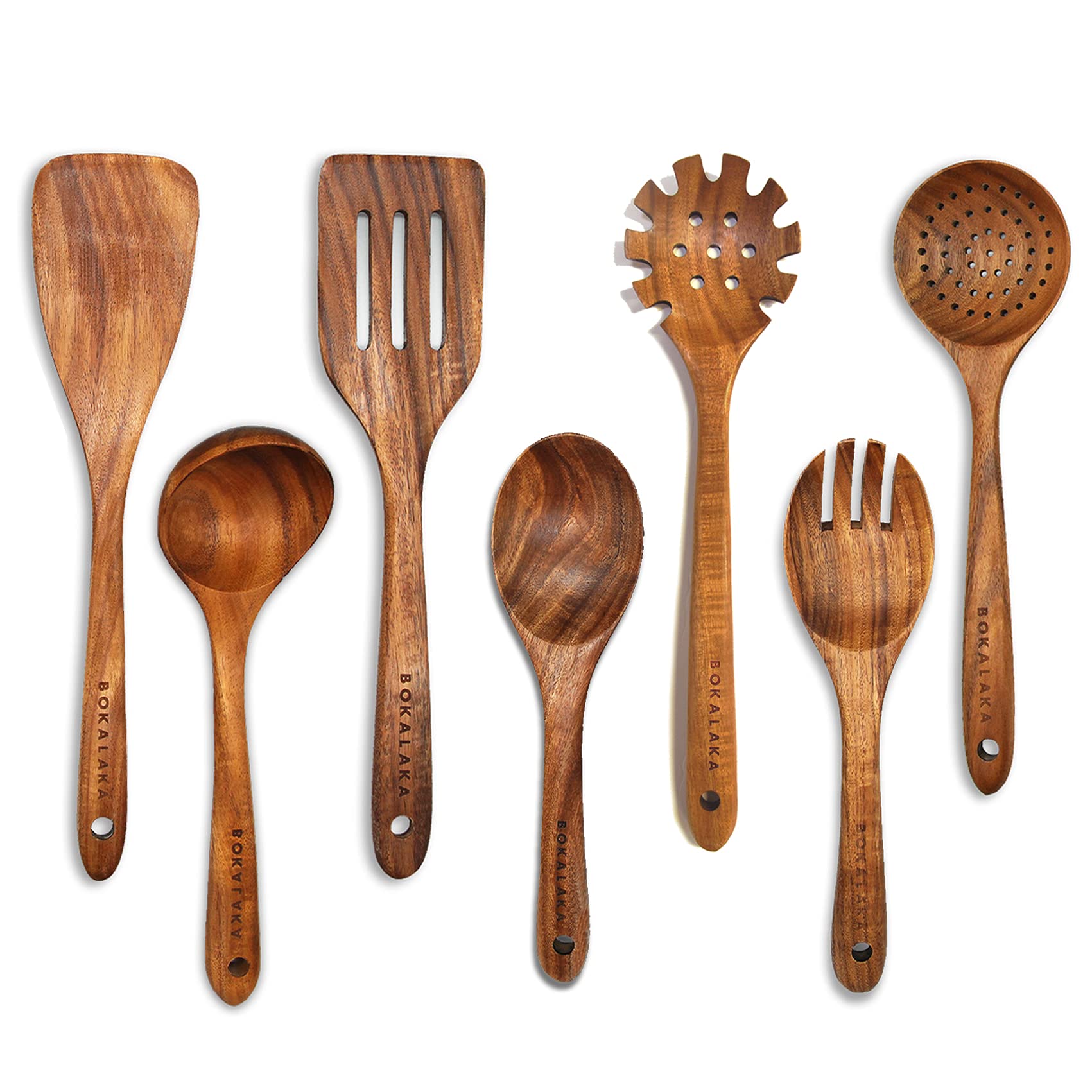 BOKALAKA 7-piece wooden cooking set - handcrafted teak kitchen utensils with holder for everyday cooking
